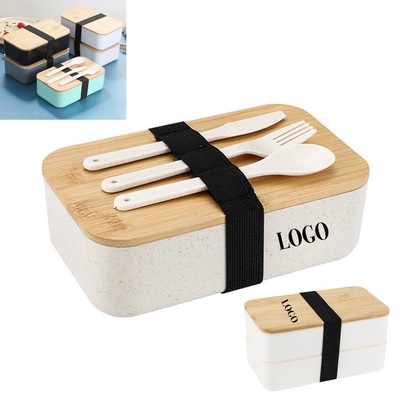 Eco-Friendly Wheat Straw Bento Lunch Box w/Cutlery Set & Wooden Lid